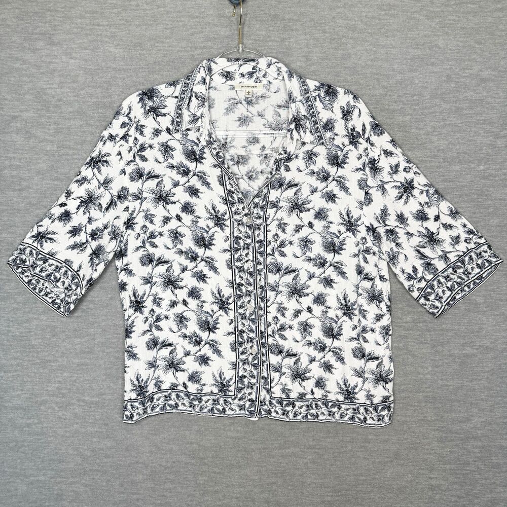 Max Studio Blouse Floral Button Up Size Small Camp Shirt Coastal Boxy Old Money